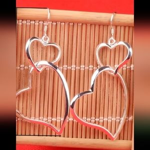 STERLING DOUBLE HEART DANGLE EARRING ONE AND A HALF INCH